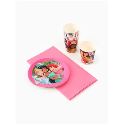 Посуда одноразовая бумажная на 10 персон: стаканы, тарелки, скатерть, Принцессы Дисней