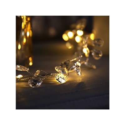 Гирлянда «Мишура» 1.2 м роса с насадками «Кристаллы», IP20, серебристая нить, 20 LED, батарейки CR2032×2 (в комплекте), свечение тёплое белое