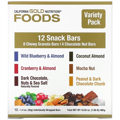 California Gold Nutrition, Foods, ассорти батончиков-снеков, 12 шт., 40 г каждый (1,4 унции)