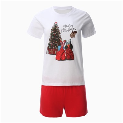 Пижама новогодняя женская (футболка, шорты) Tusi, белая, красная, размер 52