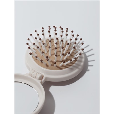 Расчёска массажная «Капибара», складная, с зеркалом, d=6.5 см, белая