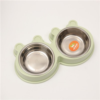 Миска металлическая двойная на пластиковой основе 2×160 мл, 28×15.5×4 см, зелёная