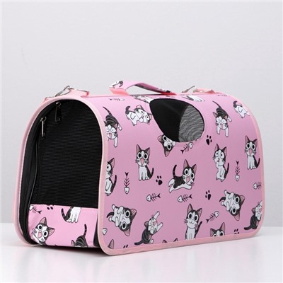 Сумка - переноска каркасная «Играющие котики», размер М, 40×21×27 см, розовая