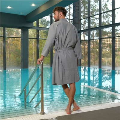 Халат вафельный мужской Экономь и Я рукав 3/4, размер 46-48, серый, 100% хлопок, 200 г/м²