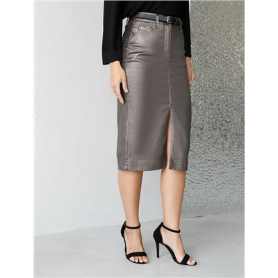 Юбка карандаш металлик средней длины с разрезом из эластичного денима