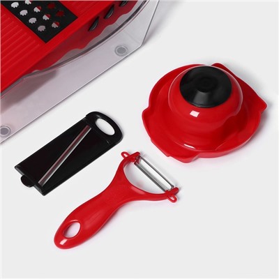 Тёрка с лотком Доляна Vegan, 6 насадок, 30×10.5×11 см, цвет зелёный, овощечистка металлическая, цвет красный