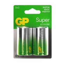 Батарейка алкалиновая GP Super, D, LR20-2BL, 1.5В, блистер, 2 шт.