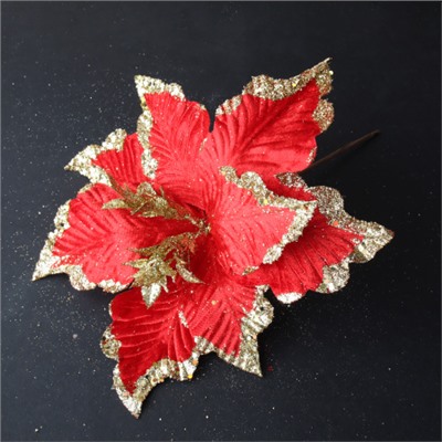 Цветок декоративный Пуансеттия красная с золотом / P15 /уп 48/480/