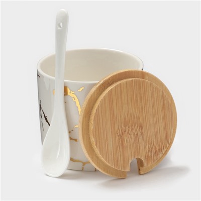 УЦЕНКА Набор банок на деревянной подставке 3 шт. «Эстет. Gold» 29.5×10×10 см, белая