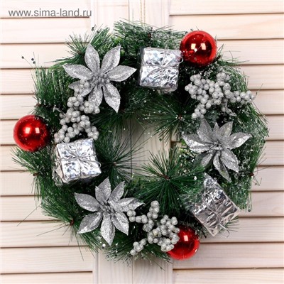 Венок новогодний d=25 см «Зимнее волшебство. Цветы и подарочки», декор серебристый