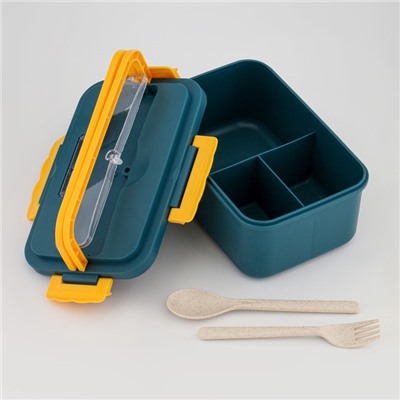 Ланч - бокс для еды Доляна, 3 секции, приборы, 1.3 л, 15.5×7.5×21.5 см, пластик, синий