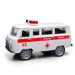 Машина пластик UAZ 452 "Скорая" 12см. (двери, белая) инерц., в коробке