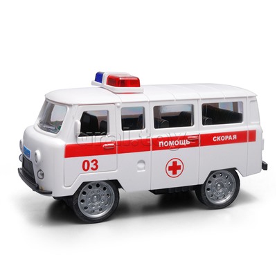 Машина пластик UAZ 452 "Скорая" 12см. (двери, белая) инерц., в коробке