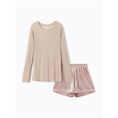 Пижама женская (лонгслив, шорты) KAFTAN «Бархат», размер 40-42, цвет розовый, бежевый