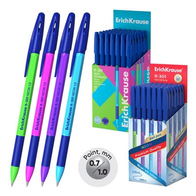 Ручка шариковая R-301"Неон"0.7мм 42751синяя с резиновым хватом ErichKrause