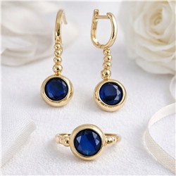 Комплект ювелирной бижутерии Итальянское золото (покрытие желтое 14к), серьги и кольцо 18 р, вставка: стекло, цвет: синий, арт.007.348-18