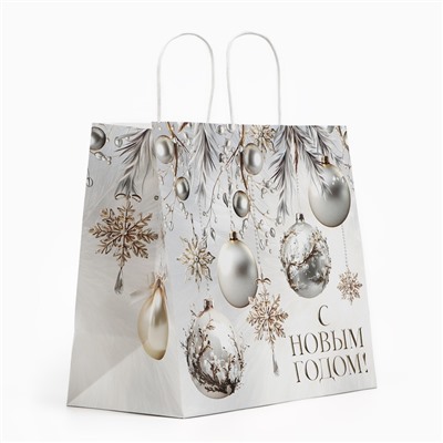 Пакет подарочный новогодний «Новогодние шары», белый крафт, 32×28×15 см