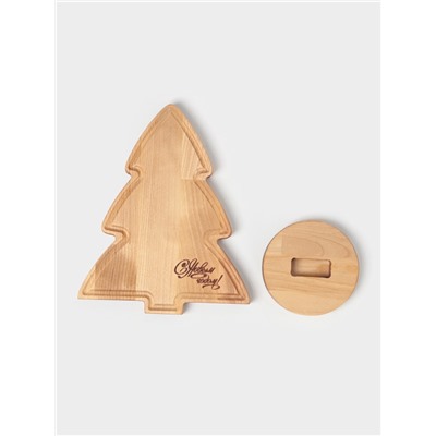 Подарочный набор деревянной посуды Adelica «С Новым Годом», сервировочная доска елочка на подставке 22×18 см, масло 100 мл, магнит