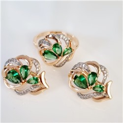 Комплект ювелирная бижутерия коллекция  "Дубай" серьги и кольцо 20 р, покрытие: позолота, вставка: фианиты, цвет: зеленый арт.217.284-20