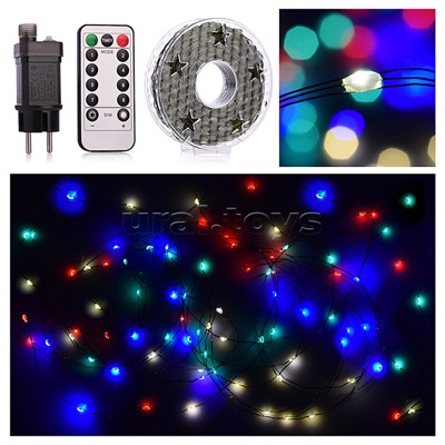 Электрогирлянда Роса 30м, 300 ламп, зеленый провод, цветная, пульт