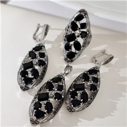 Крупный комплект ювелирной бижутерии серьги, кулон и кольцо 20 р, покрытие посеребрение, вставка: фианиты, цвет: черный, арт.314.920-20