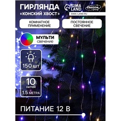 Гирлянда «Конский хвост» 10 нитей по 1.5 м, IP20, серебристая нить, 150 LED, свечение мульти, 12 В