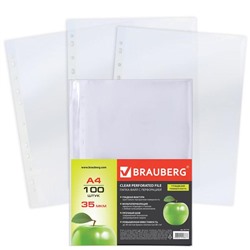 Файл - вкладыш BRAUBERG, А4, 35 мкм, тиснение, вертикальный, 100 штук