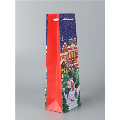 Пакет подарочный новогодний под бутылку, упаковка «Праздник в городе», 12×36×8.5 см