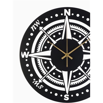 Часы настенные интерьерные «Компас», бесшумные, плавный ход, d=40 см, металл, чёрные