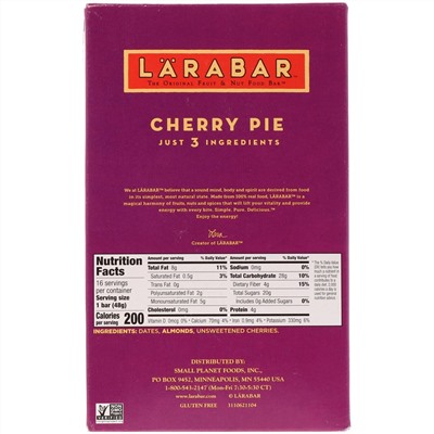 Larabar, The Original Fruit & Nut Food Bar, Cherry Pie, 16 Bars, 1.7 oz (48 g) Each