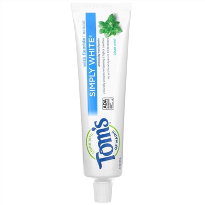 Tom's of Maine, Simply White Anticavity Toothpaste with Fluoride, Clean Mint, 4.7 oz (133 g)