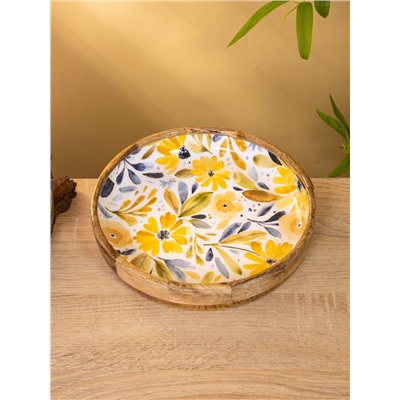 УЦЕНКА Блюдо «Желтые и синие цветы» дерево манго 25×25×4.5 см