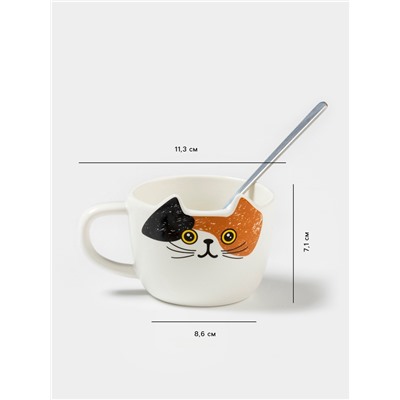 Чайная пара «Котик», 3 предмета: чашка 200 мл, блюдце 18.8×13.6 см, ложка, керамика, белая