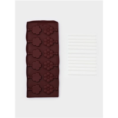 Форма для леденцов Доляна «Клумба», силикон, 25×10.5×1 см, 12 ячеек (3.2×3 см), с палочками, коричневая