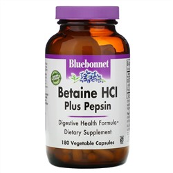 Bluebonnet Nutrition, Бетаина гидрохлорид, с пепсином, 180 растительных капсул