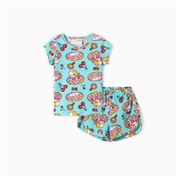 Комплект для девочки домашний (футболка/шорты) "Кошки", цвет бирюзовый, рост 110