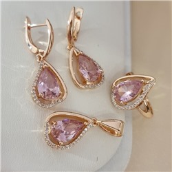 Комплект ювелирной бижутерии коллекция "Дубай" серьги, кулон и кольцо 18 р покрытие позолота, вставка: стекло и цирконы, цвет: розовый и прозрачный, арт.215.554-18