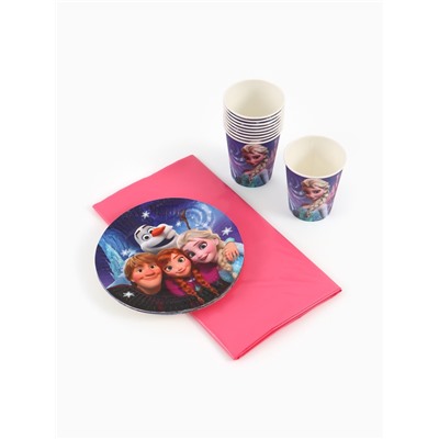 Посуда одноразовая бумажная на 10 персон: стаканы, тарелки, скатерть, Холодное сердце