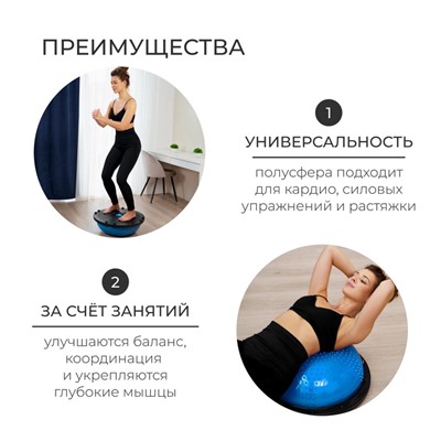 УЦЕНКА Полусфера BOSU гимнастическая ONLYTOP, массажная, с насосом, 58×25 см, синяя