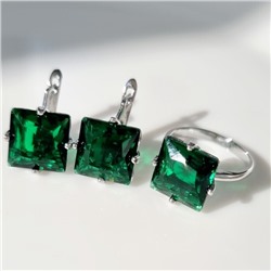 Комплект ювелирная бижутерия серьги и кольцо 19 р покрытие: посеребрение, вставка: фианиты, цвет: зеленый, арт.215.458-19