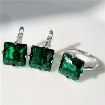 Комплект ювелирная бижутерия серьги и кольцо 18 р покрытие: посеребрение, вставка: фианиты, цвет: зеленый, арт.215.458-18
