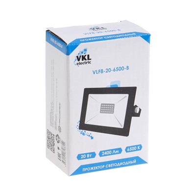 Прожектор светодиодный VKL Electric, 20 Вт, 2400 лм, 6500К, IP65, 220 В, чёрный, свечение холодное белое
