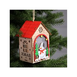 Ёлочная игрушка «Домик со снеговиком», 14.5×11×8.5 см, 1 LED, от батареек, свечение тёплое белое