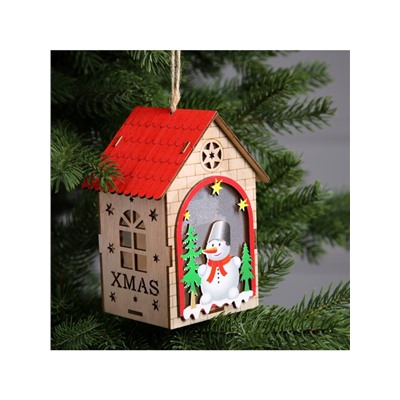 Ёлочная игрушка «Домик со снеговиком», 14.5×11×8.5 см, 1 LED, от батареек, свечение тёплое белое
