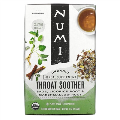 Numi Tea, Organic, Throat Soother, Caffeine Free, 16 Non-GMO Tea Bags, 1.13 oz (32 g)