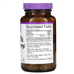 Bluebonnet Nutrition, витамин D3, 50 мкг (2000 МЕ), 180 растительных капсул