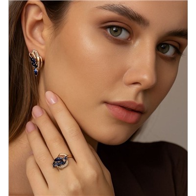 Комплект ювелирной бижутерии Дубайское золото покрытие позолота, серьги и кольцо 17 р, вставка: фианиты, цвет: темно синий и прозрачный, арт.414.096-17