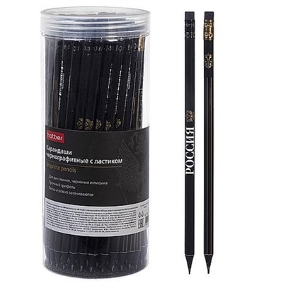 Карандаш черногр. "Символы России" круглый с ластиком НВ, из черного дерева (092652) Хатбер