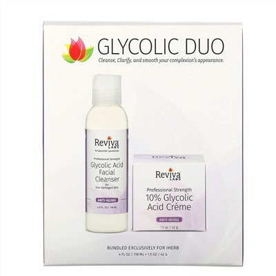 Reviva Labs, Glycolic Duo, крем с 10% гликолевой кислотой и очищающее средство для лица с гликолевой кислотой, 2 шт.