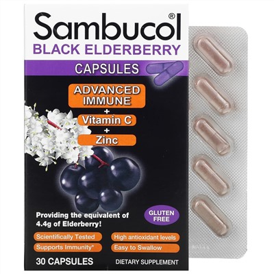 Sambucol, Black Elderberry Capsules, Advanced Immune + Vitamin C + Zinc, 30 Capsules